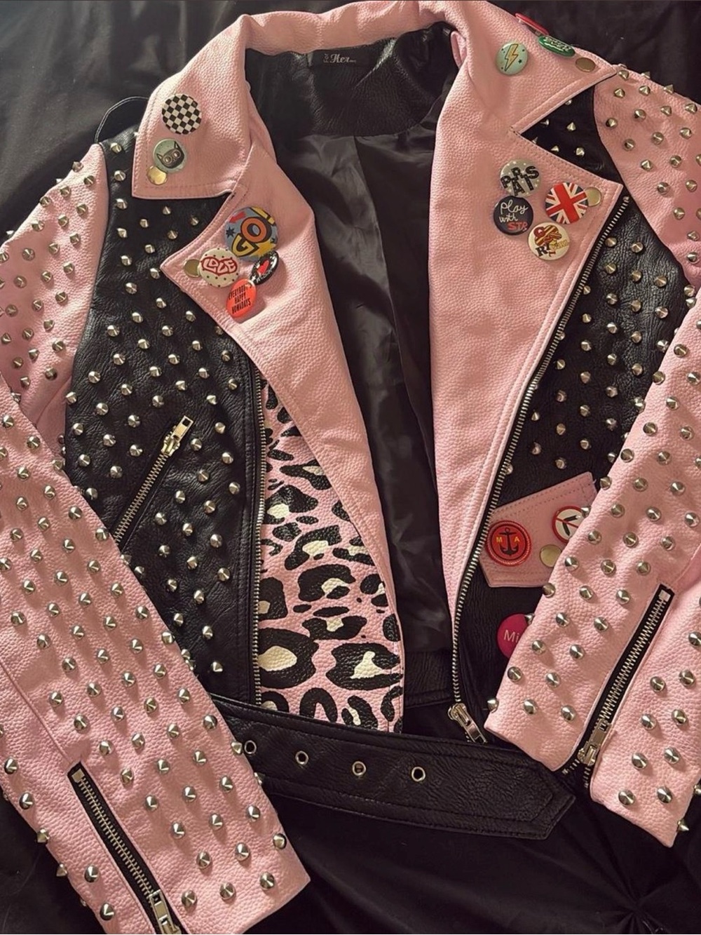 Studded Pink & Black Leopard-Accent Moto Jacket